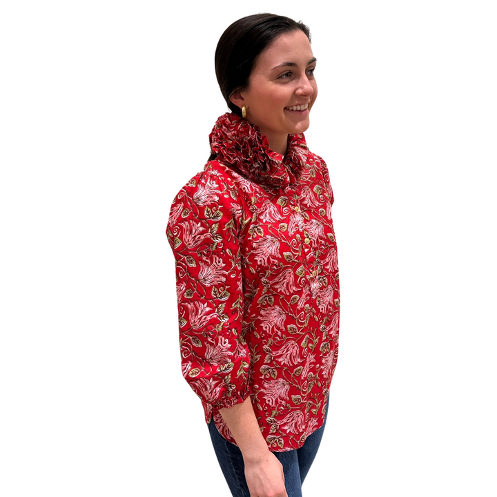 The Maria Ruffle Neck Top in Red and Pink Block Print Floral — view 6