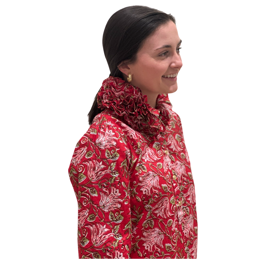 The Maria Ruffle Neck Top in Red and Pink Block Print Floral — view 5