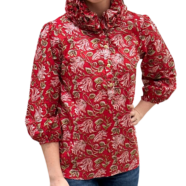 The Maria Ruffle Neck Top in Red and Pink Block Print Floral — view 4