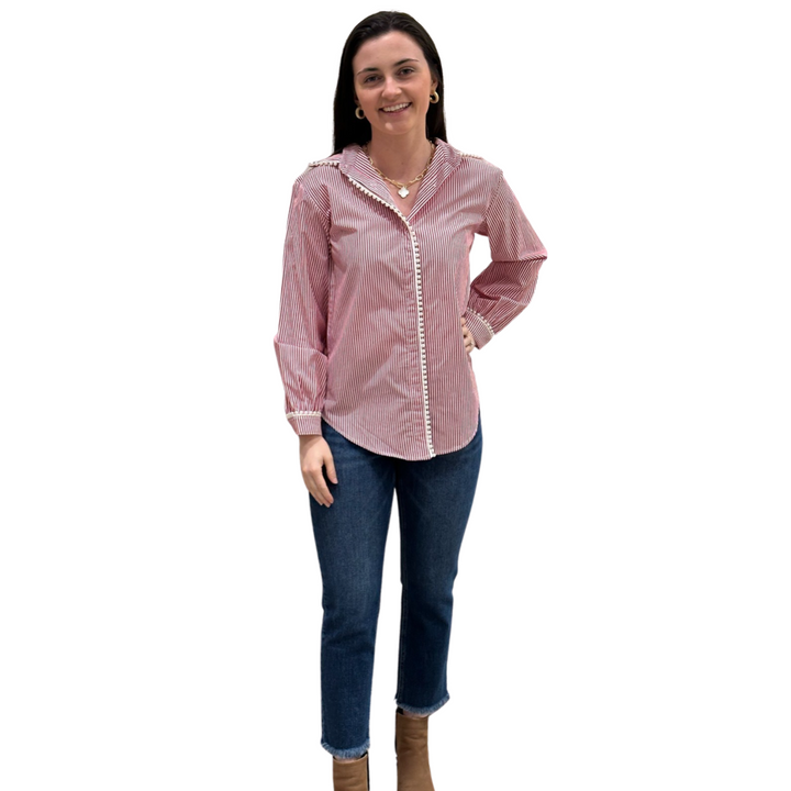 The Polly Pearl Trimmed Blouse in Red and White Stripe
