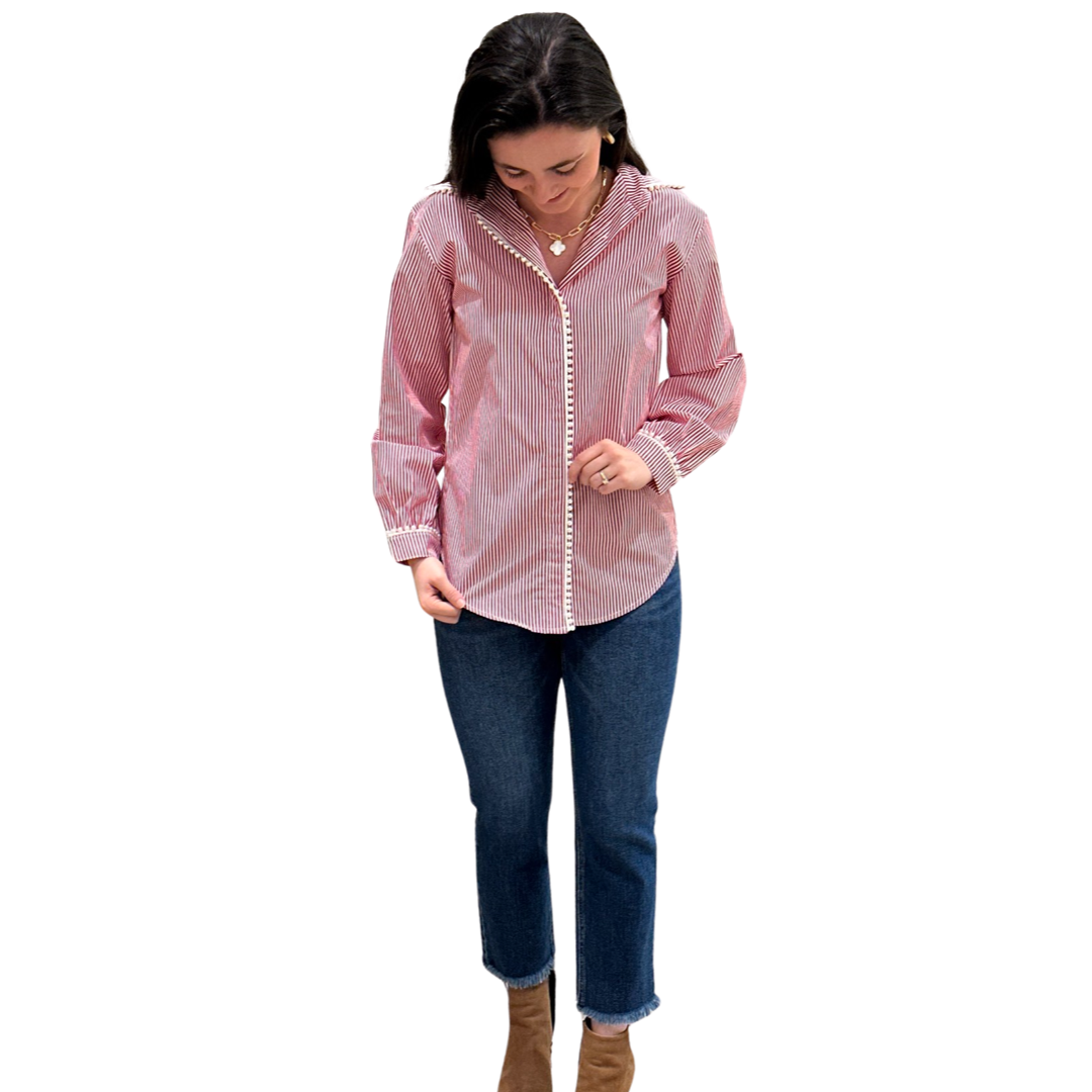 The Polly Pearl Trimmed Blouse in Red and White Stripe — view 2