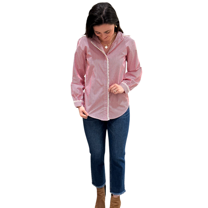 The Polly Pearl Trimmed Blouse in Red and White Stripe — view 2