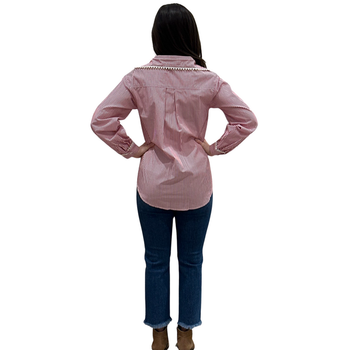 The Polly Pearl Trimmed Blouse in Red and White Stripe — view 5