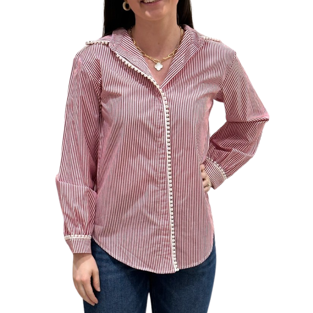 The Polly Pearl Trimmed Blouse in Red and White Stripe — view 3