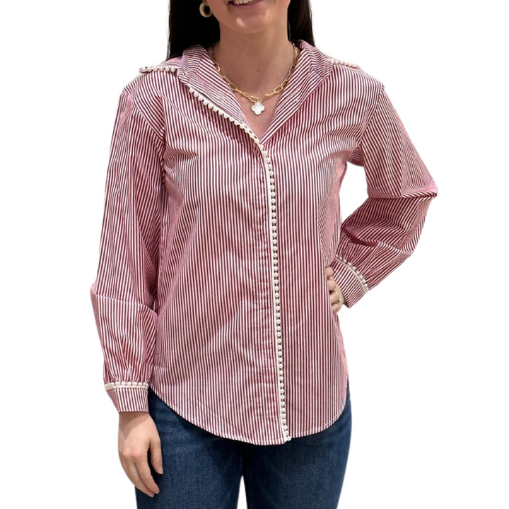 The Polly Pearl Trimmed Blouse in Red and White Stripe — view 3