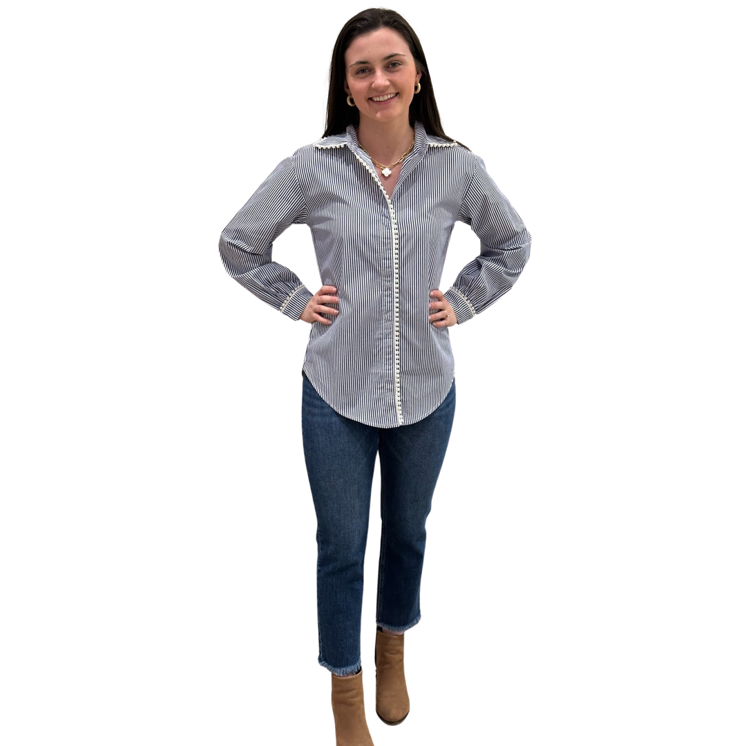 The Polly Pearl Trimmed Blouse in Navy and White — view 2