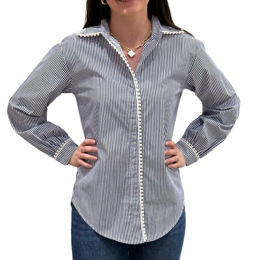 The Polly Pearl Trimmed Blouse in Navy and White — view 3