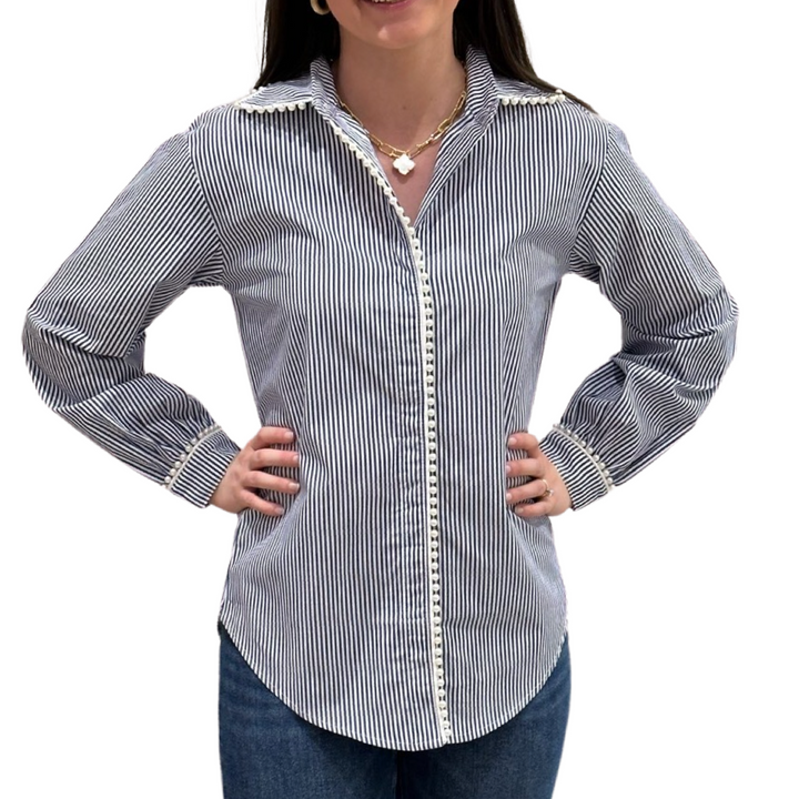 The Polly Pearl Trimmed Blouse in Navy and White — view 3