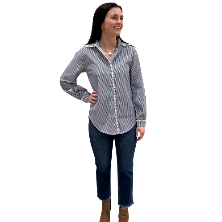 The Polly Pearl Trimmed Blouse in Navy and White