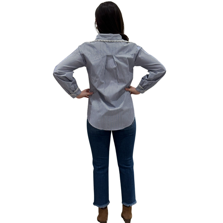 The Polly Pearl Trimmed Blouse in Navy and White — view 5