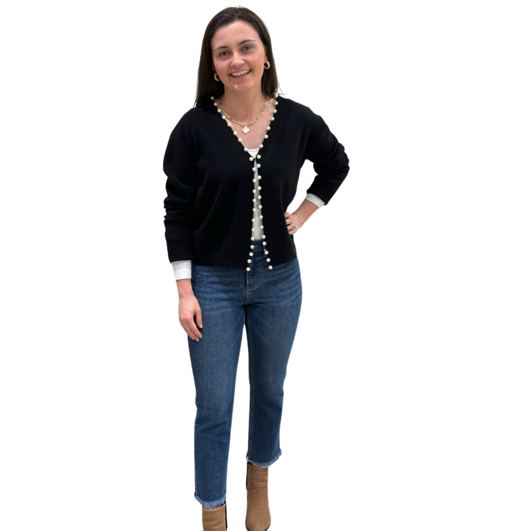 The Mimi Pearl Trimmed Cardigan in Midnight Black — view 4