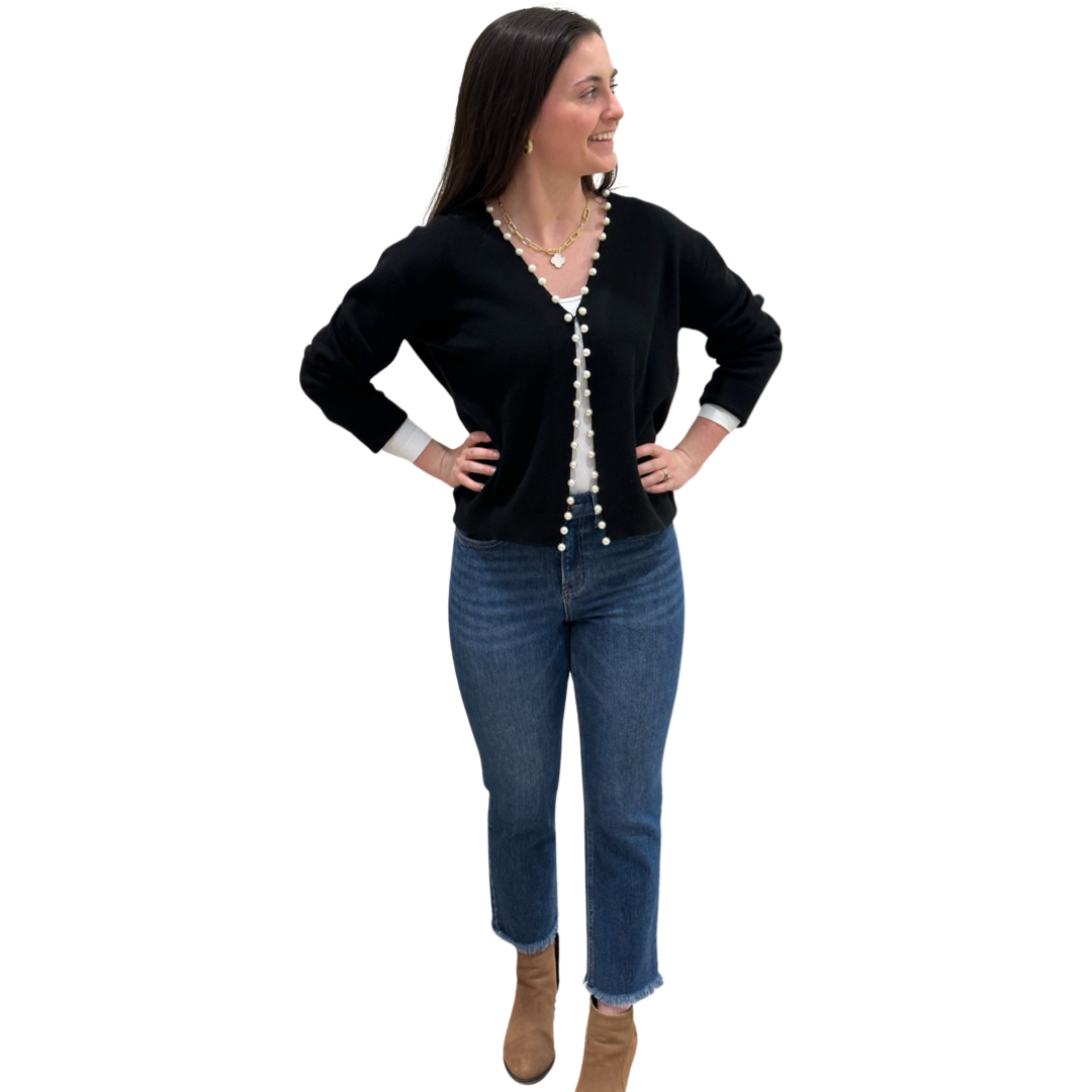 The Mimi Pearl Trimmed Cardigan in Midnight Black — view 3