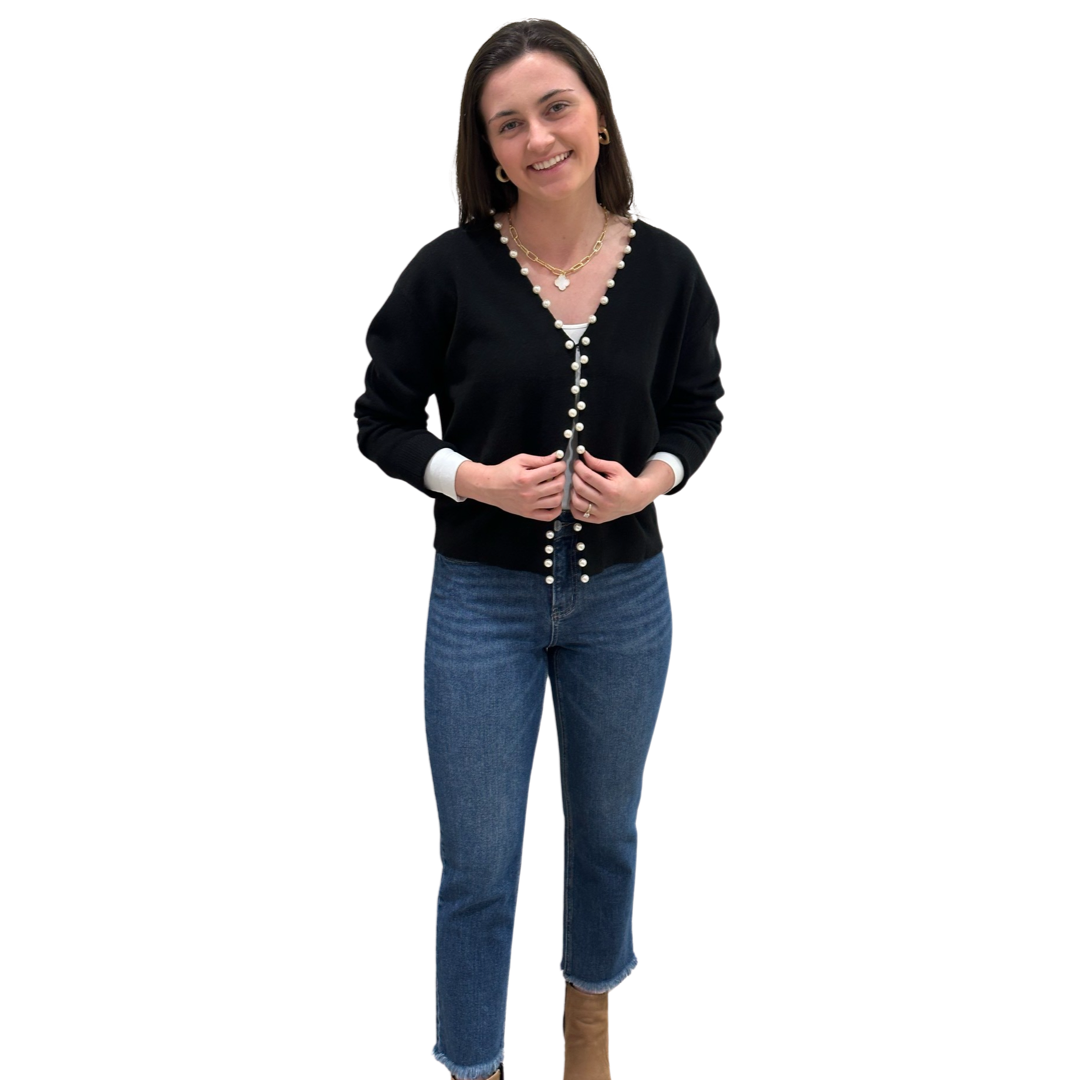 The Mimi Pearl Trimmed Cardigan in Midnight Black