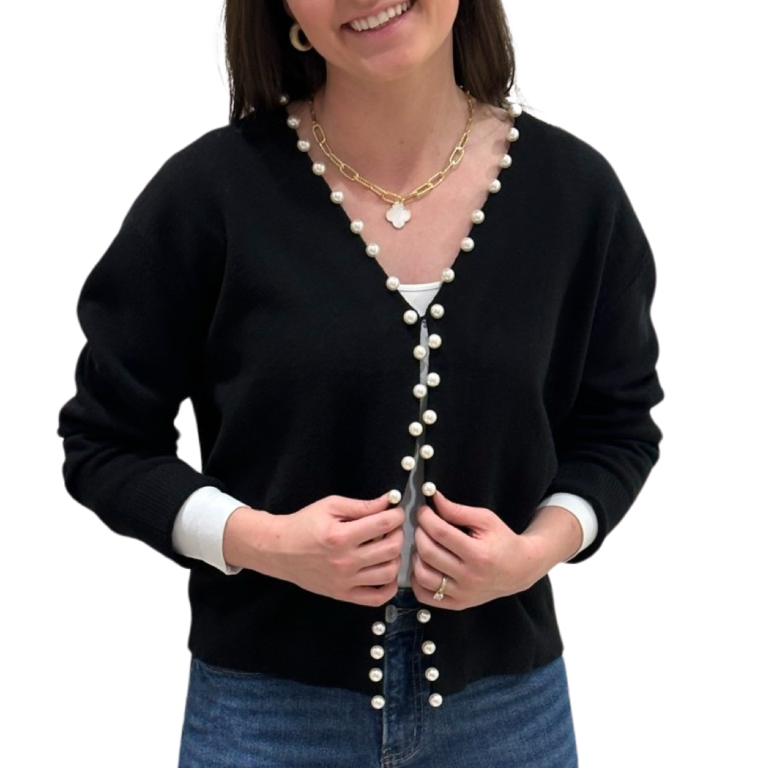 The Mimi Pearl Trimmed Cardigan in Midnight Black — view 5