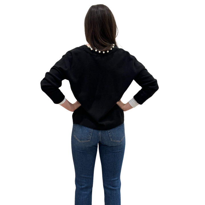 The Mimi Pearl Trimmed Cardigan in Midnight Black — view 6