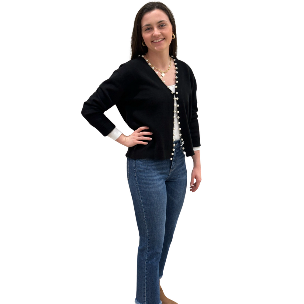 The Mimi Pearl Trimmed Cardigan in Midnight Black — view 2