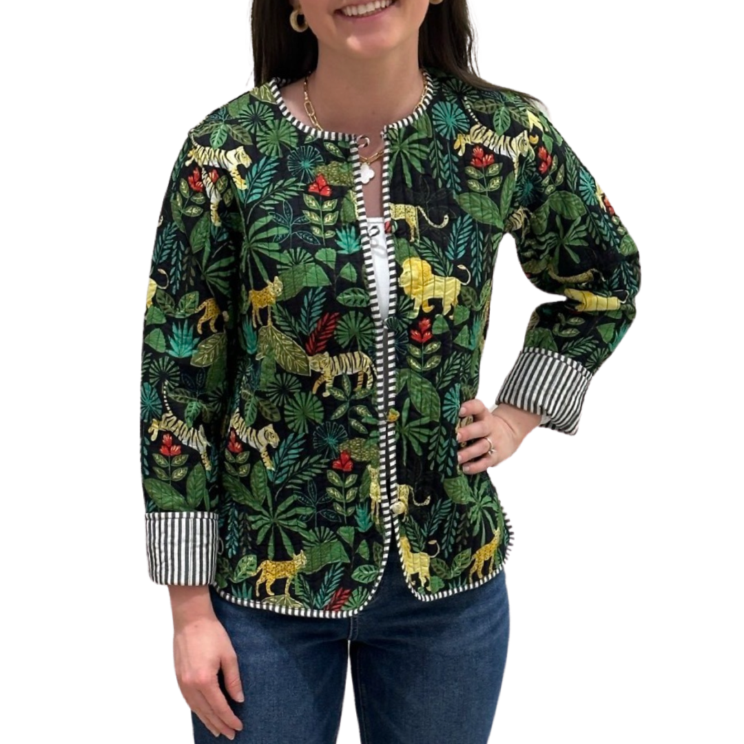 The Madeline Quilted Reversible Jacket in Black Multi Jungle Print — view 3