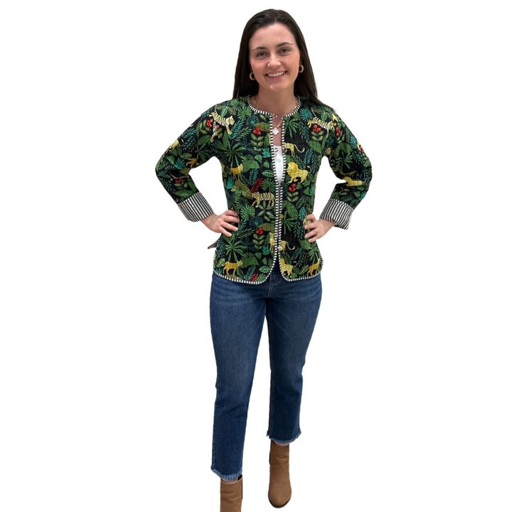 The Madeline Quilted Reversible Jacket in Black Multi Jungle Print — view 2