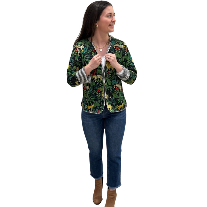 The Madeline Quilted Reversible Jacket in Black Multi Jungle Print — view 6
