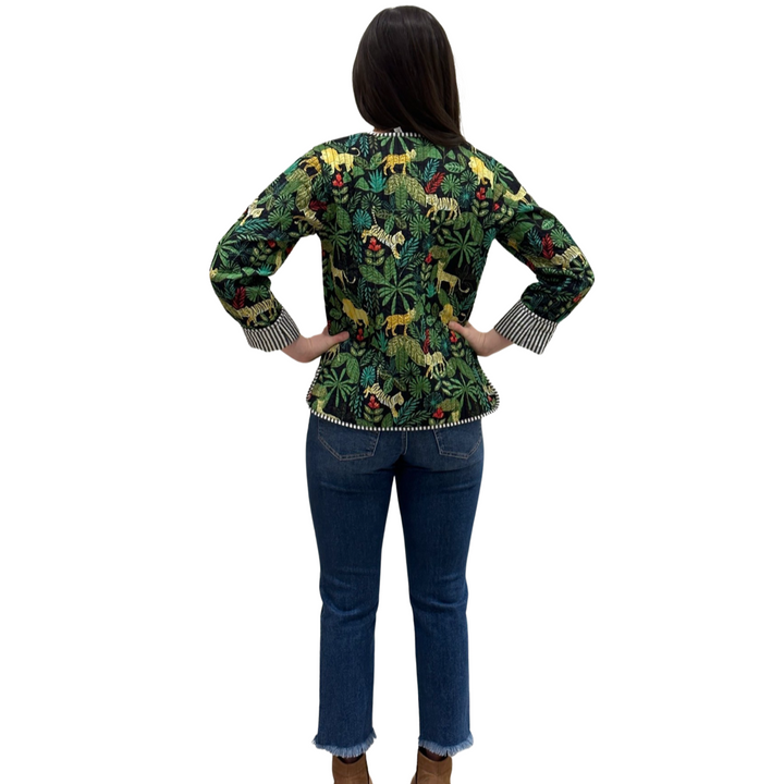 The Madeline Quilted Reversible Jacket in Black Multi Jungle Print — view 7