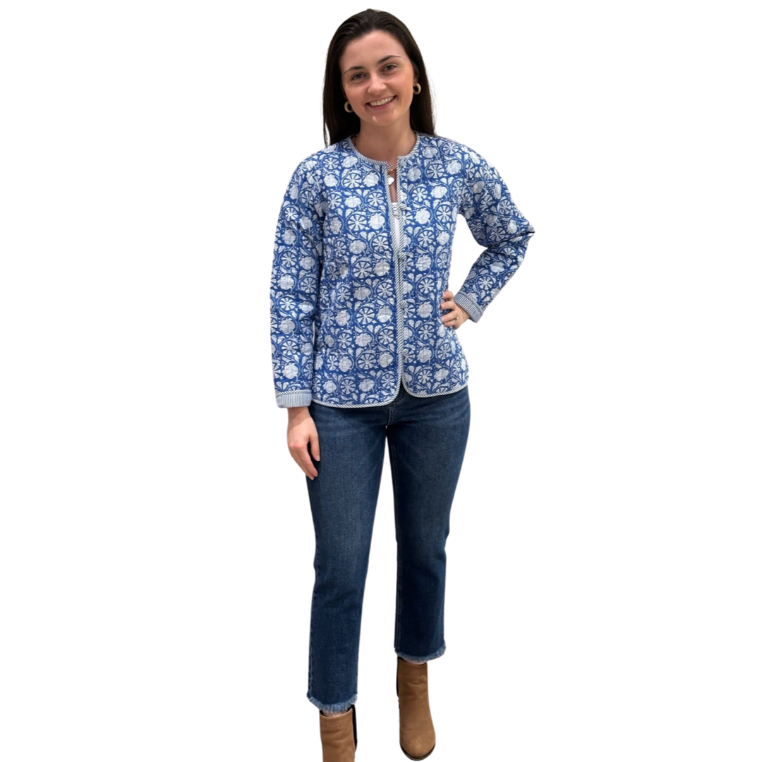 The Madeline Quilted Reversible Jacket in Blue and White Floral