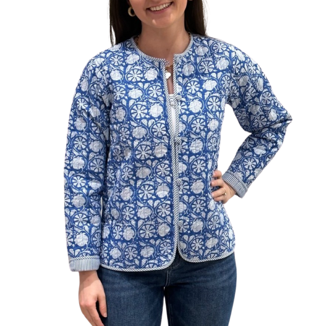 The Madeline Quilted Reversible Jacket in Blue and White Floral — view 5