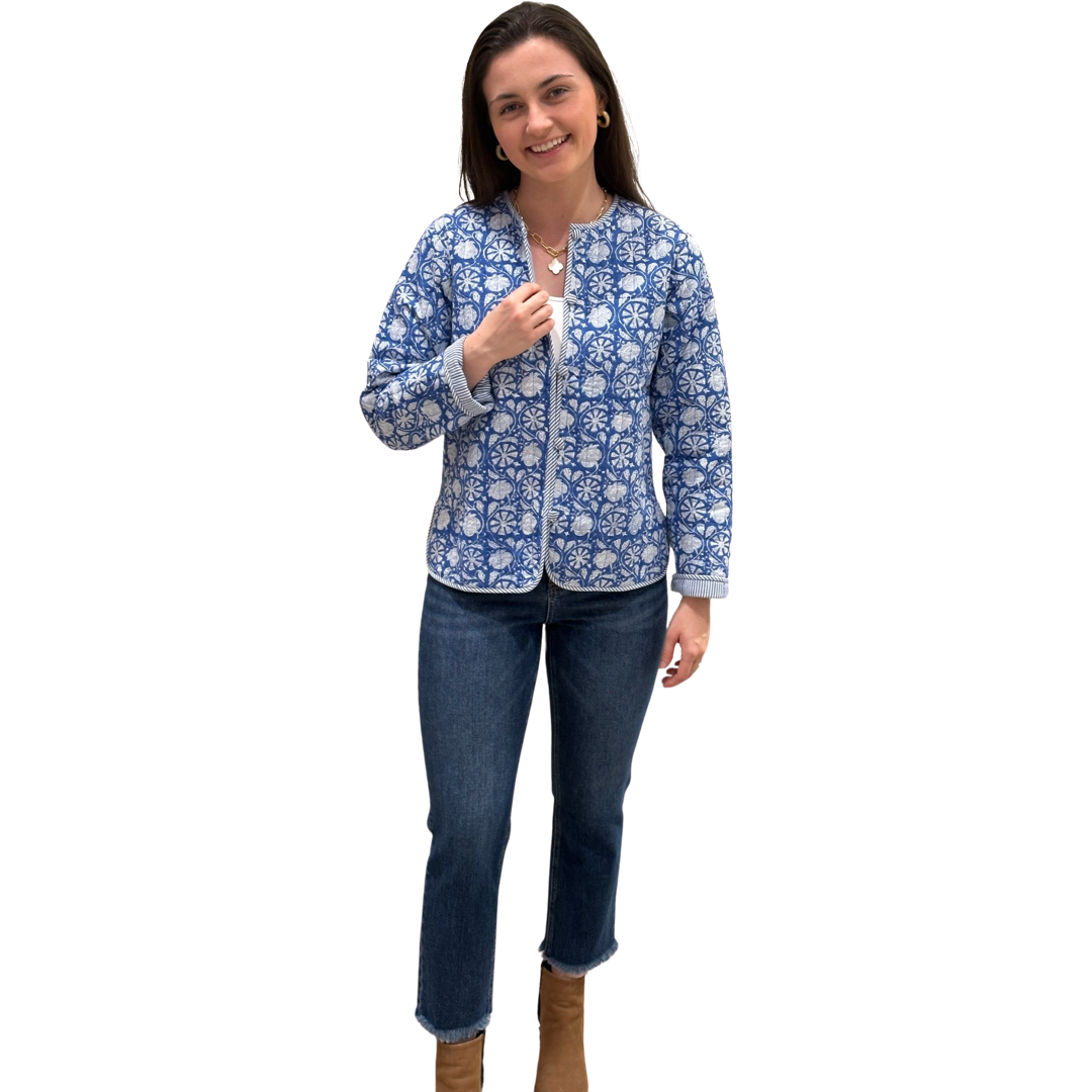 The Madeline Quilted Reversible Jacket in Blue and White Floral