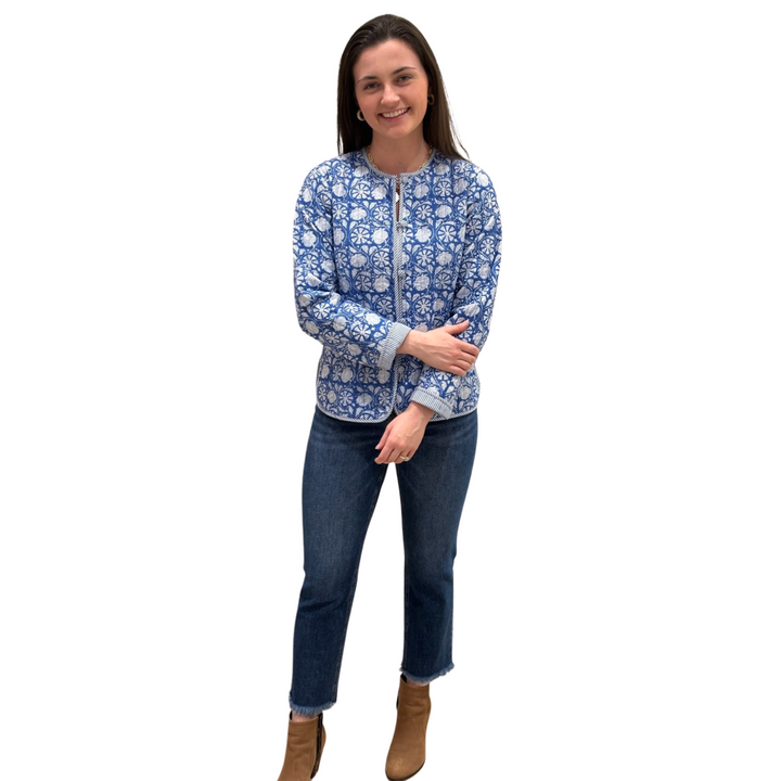 The Madeline Quilted Reversible Jacket in Blue and White Floral — view 3