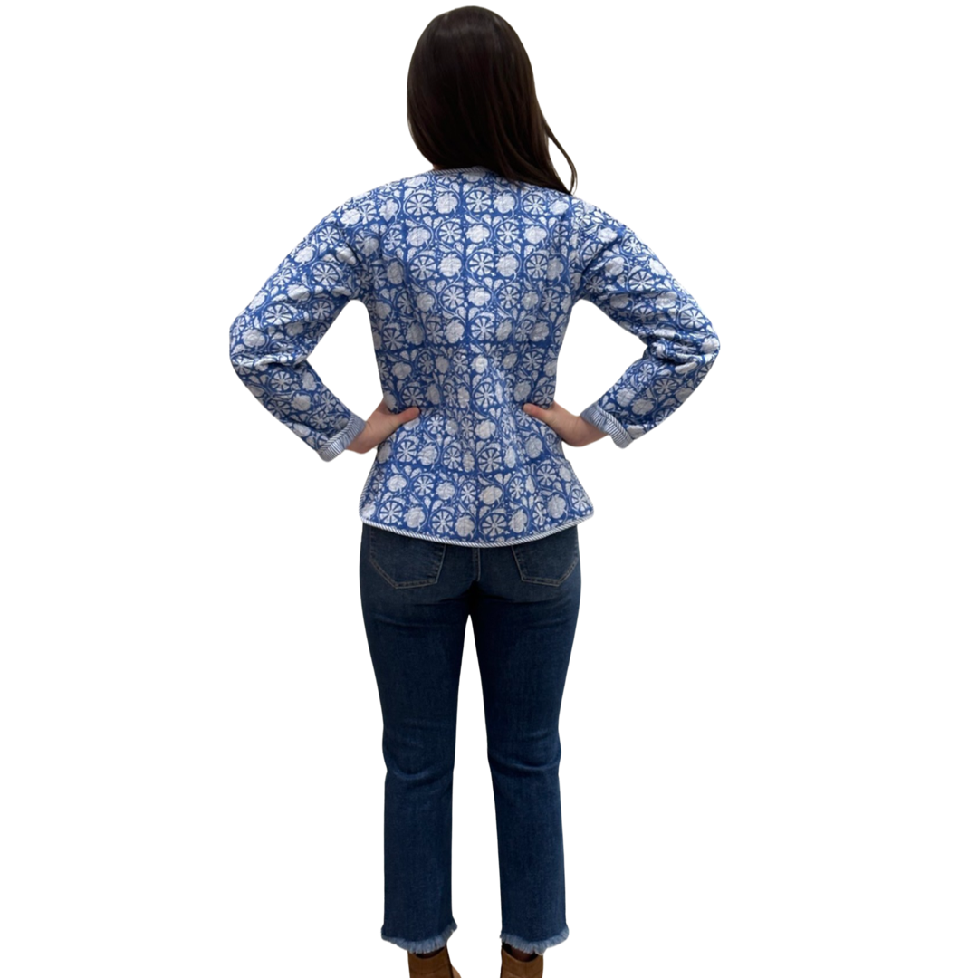 The Madeline Quilted Reversible Jacket in Blue and White Floral — view 6