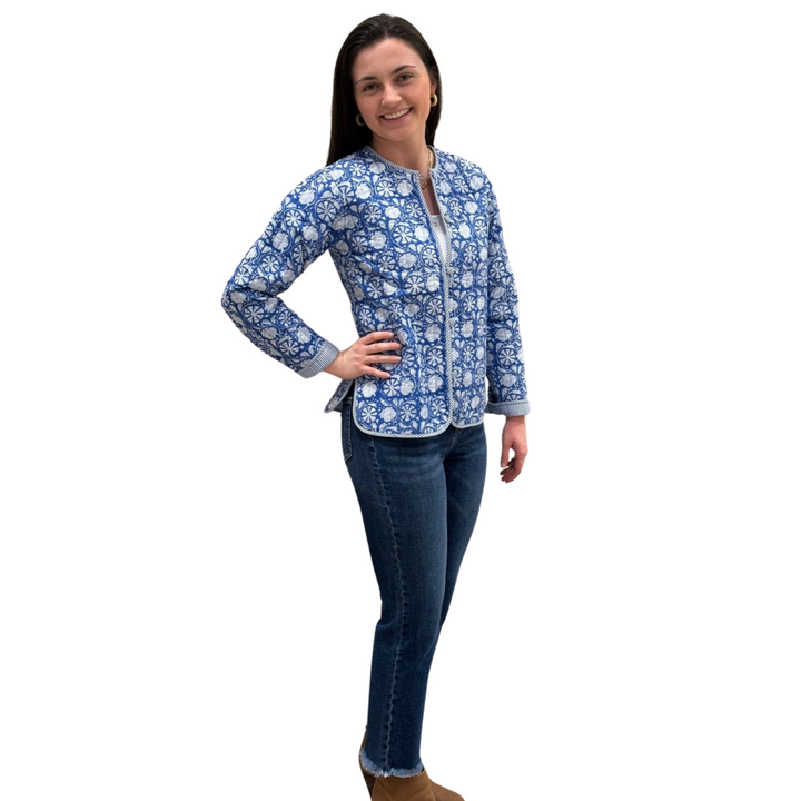 The Madeline Quilted Reversible Jacket in Blue and White Floral — view 4
