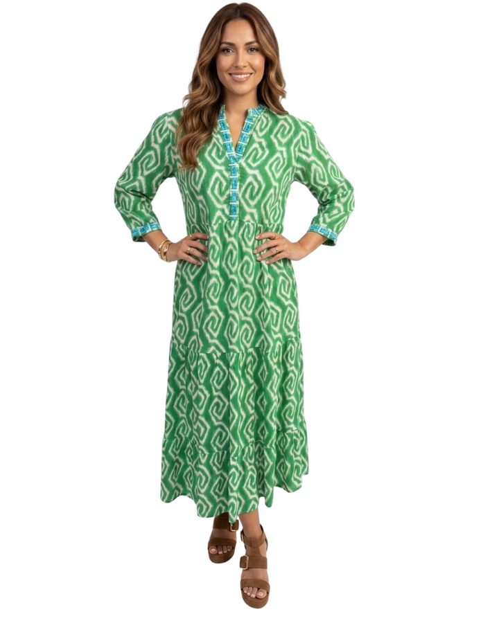 The Addison Embroidered Trim Notch Neck Dress in Green Ikat