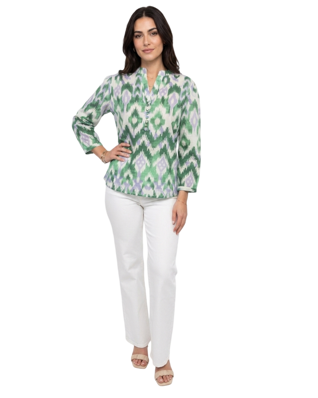 The Addison Purple Green Ikat Button Front Tunic