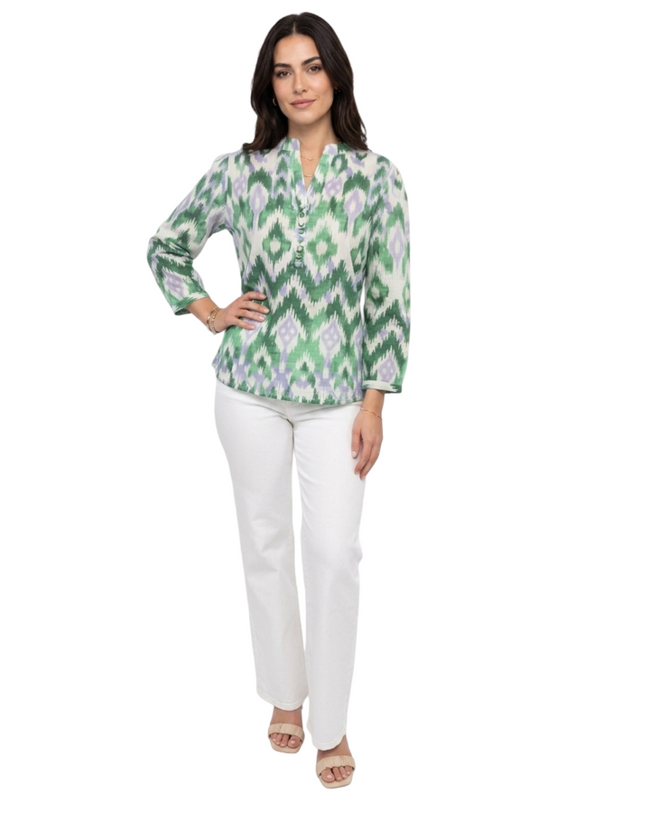 The Addison Purple Green Ikat Button Front Tunic