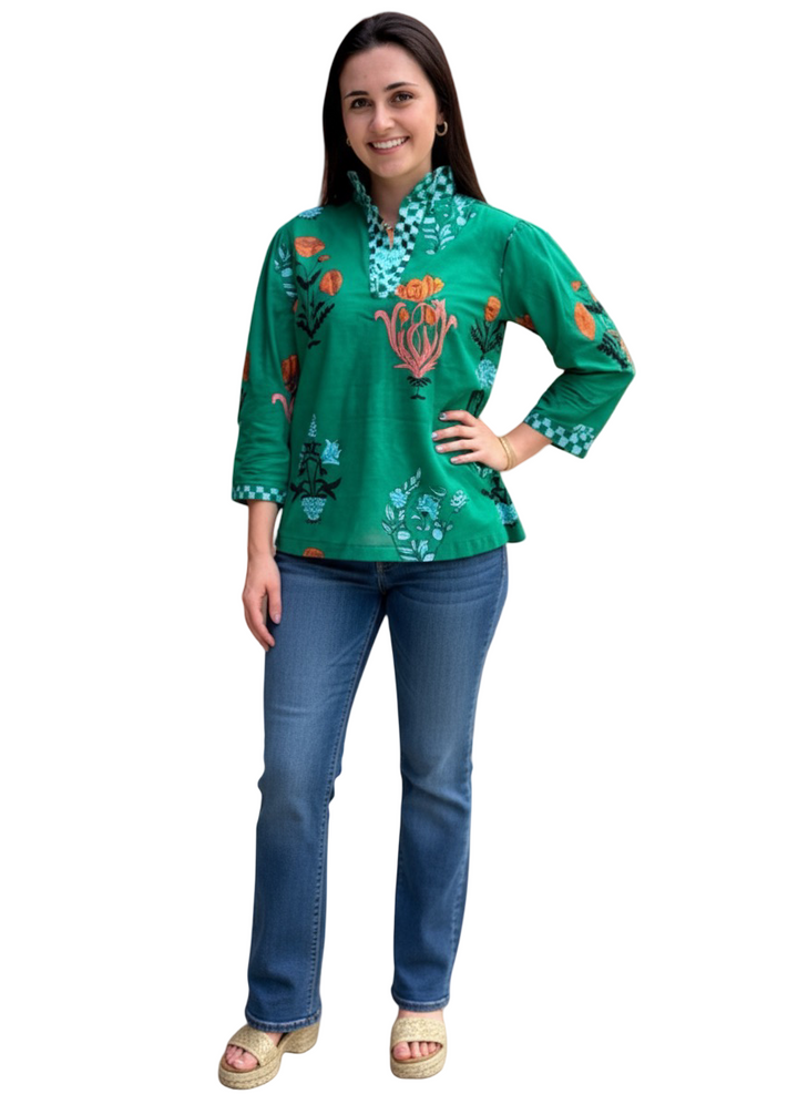 The Shipley Stand Up Collar Top in Green Floral with Embroidery Detailing