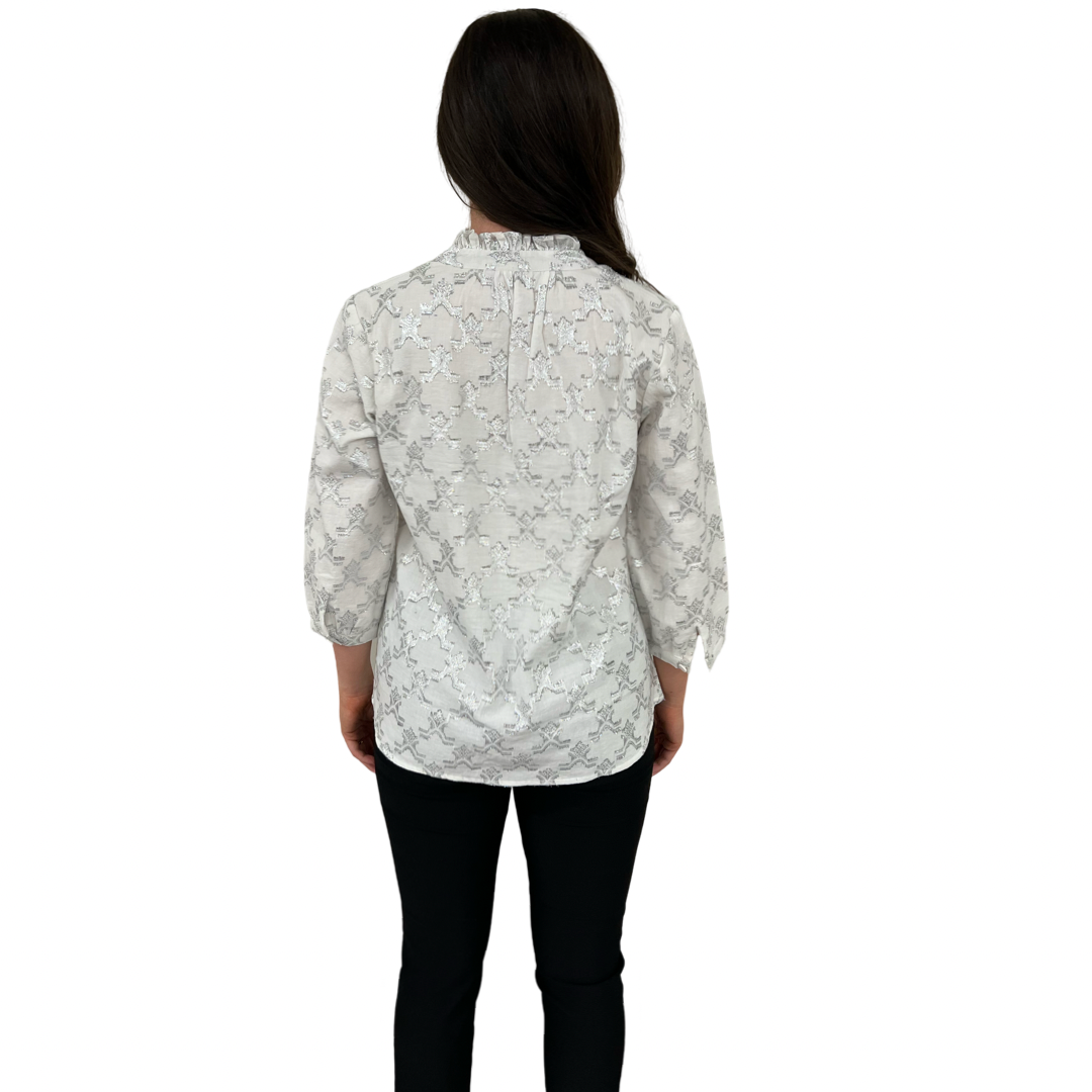 The Emerson Metallic White and Silver Jacquard Blouse — view 6