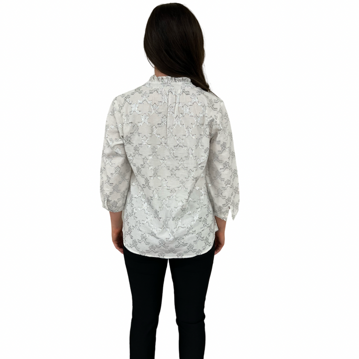 The Emerson Metallic White and Silver Jacquard Blouse — view 6