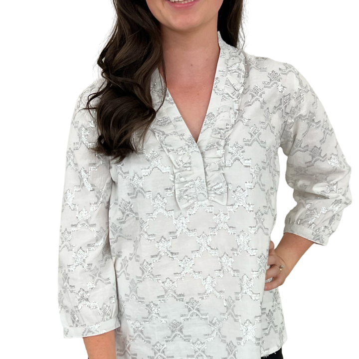 The Emerson Metallic White and Silver Jacquard Blouse — view 5