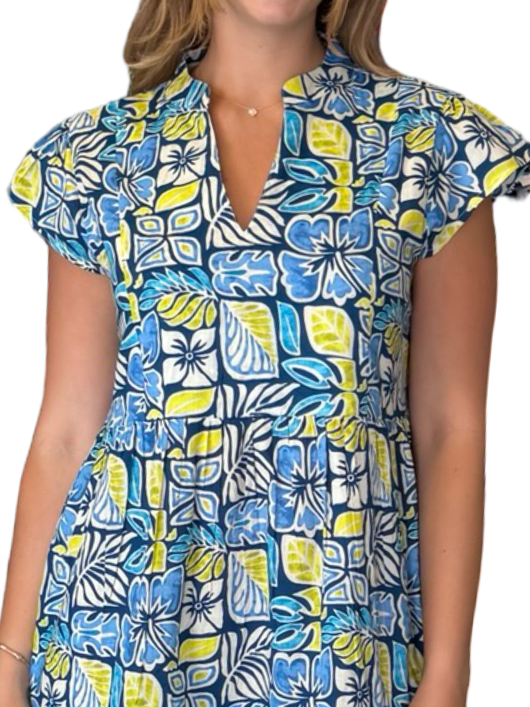 The Preston Short Sleeve Cotton Dress in Blue Green Multi — view 3