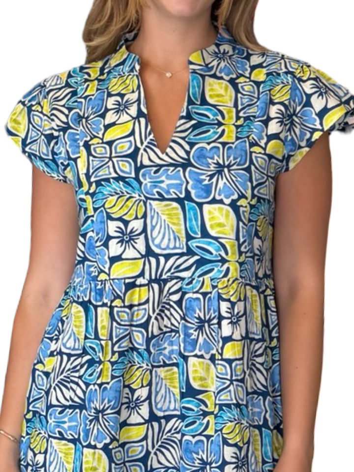 The Preston Short Sleeve Cotton Dress in Blue Green Multi — view 3
