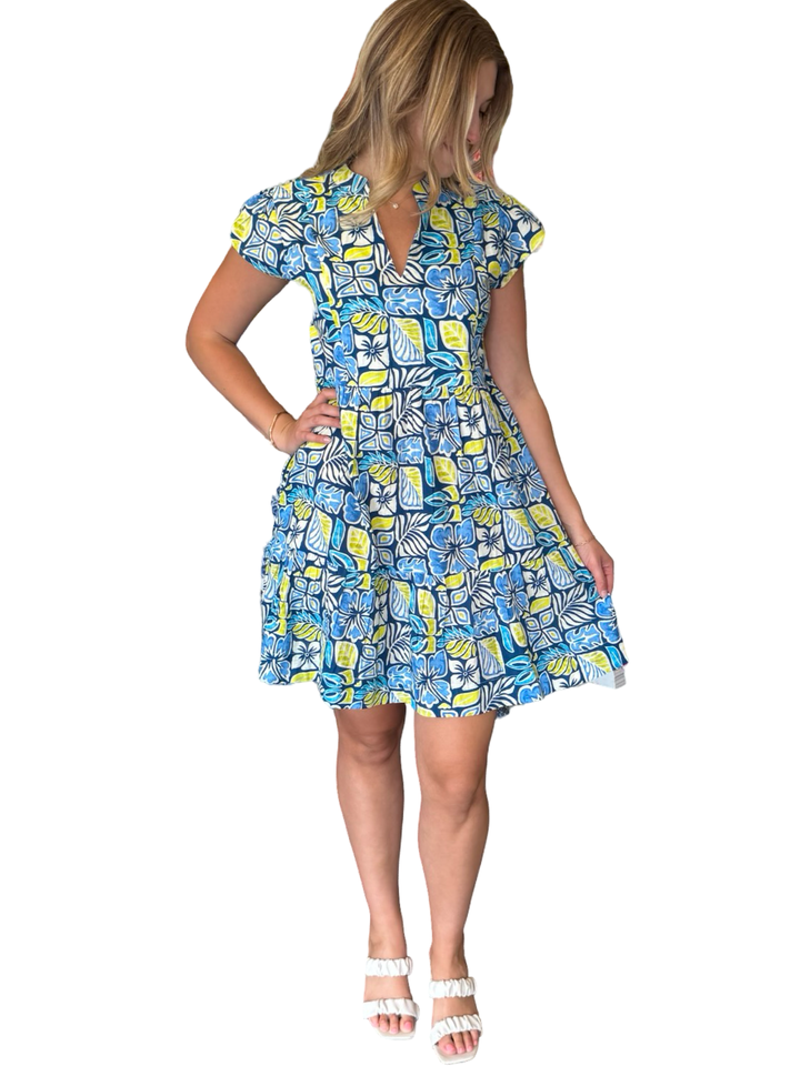 The Preston Short Sleeve Cotton Dress in Blue Green Multi — view 4