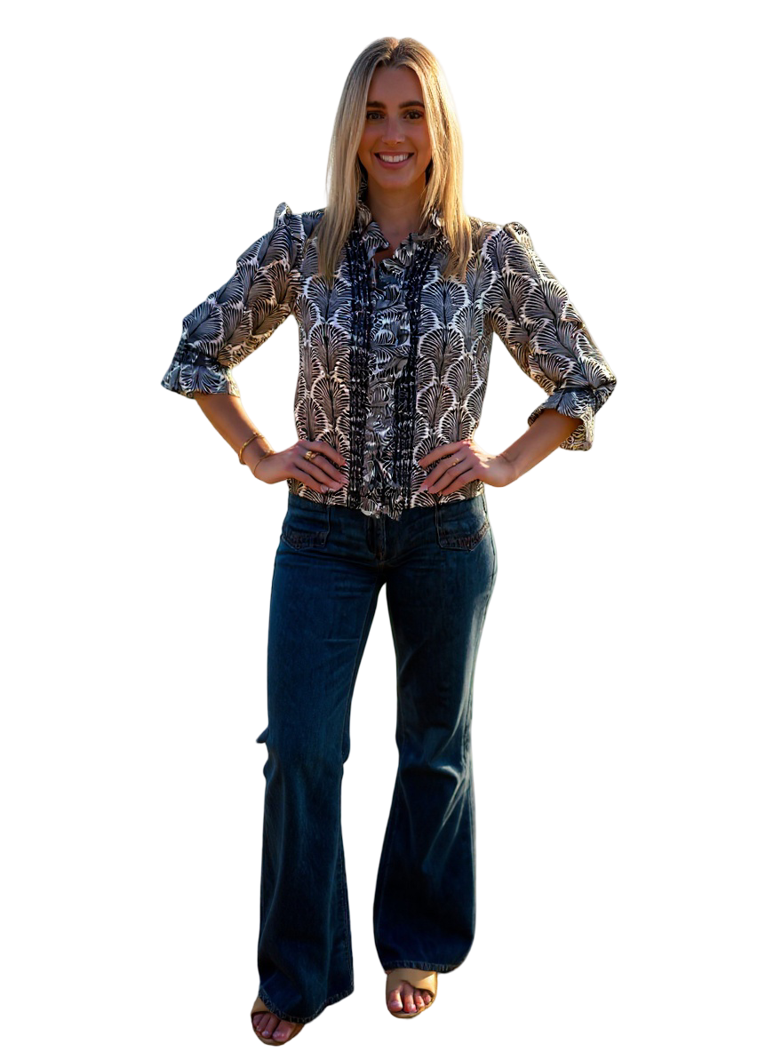 The Amelia Ruffle Front Top in Navy and White