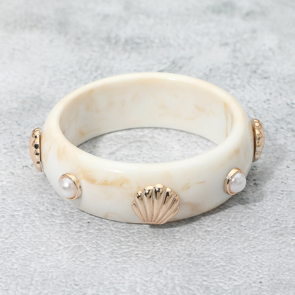 Shell Pearl Accent Resin Bangle Bracelet