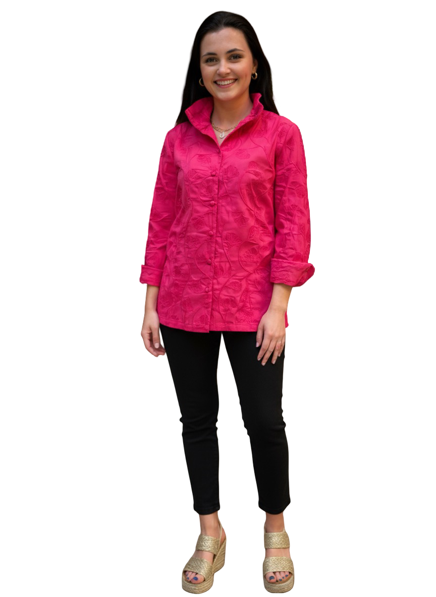 The Diana Stand-Up Collar Embroidered Coral Cotton Button Front Top