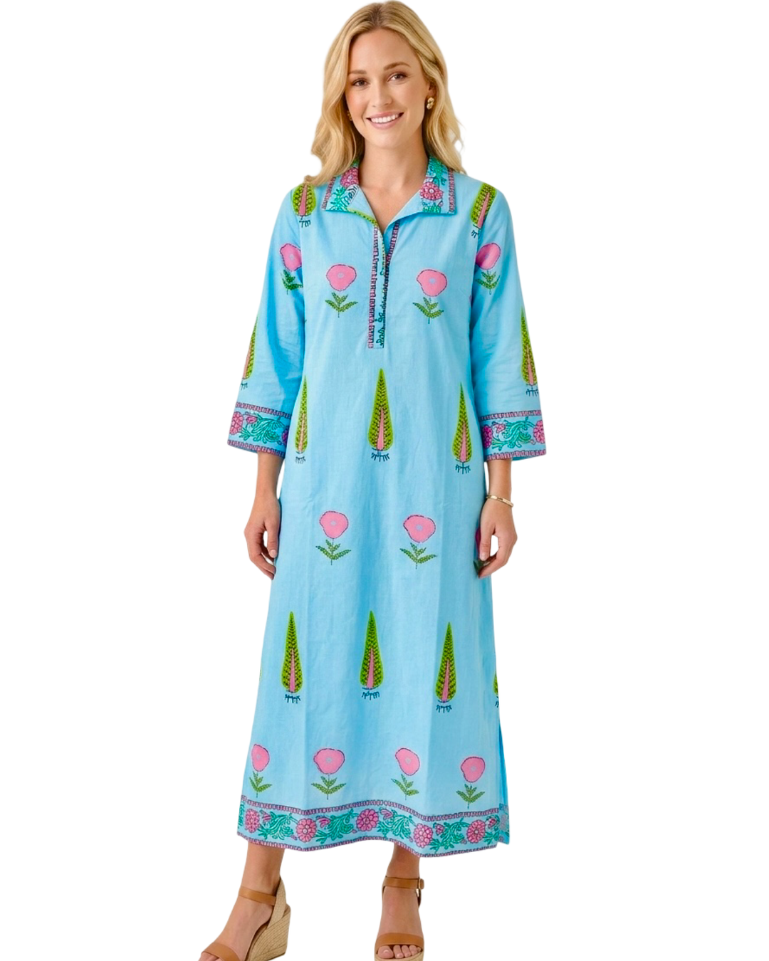 The Lisette Cotton Border Print Dress in Aqua Blue and Pink