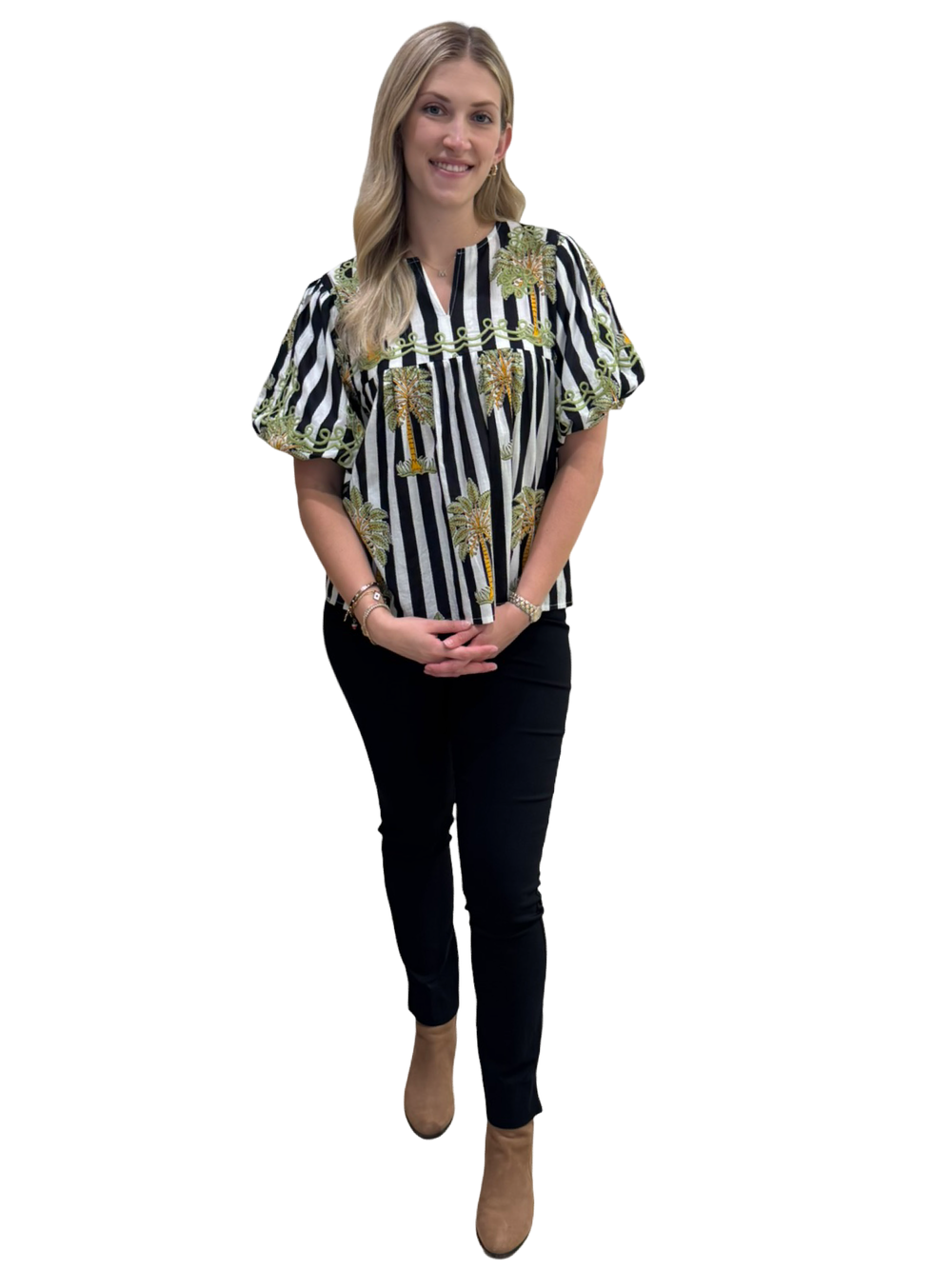 The Poppy Striped Palm Print Top in Black and White — view 2