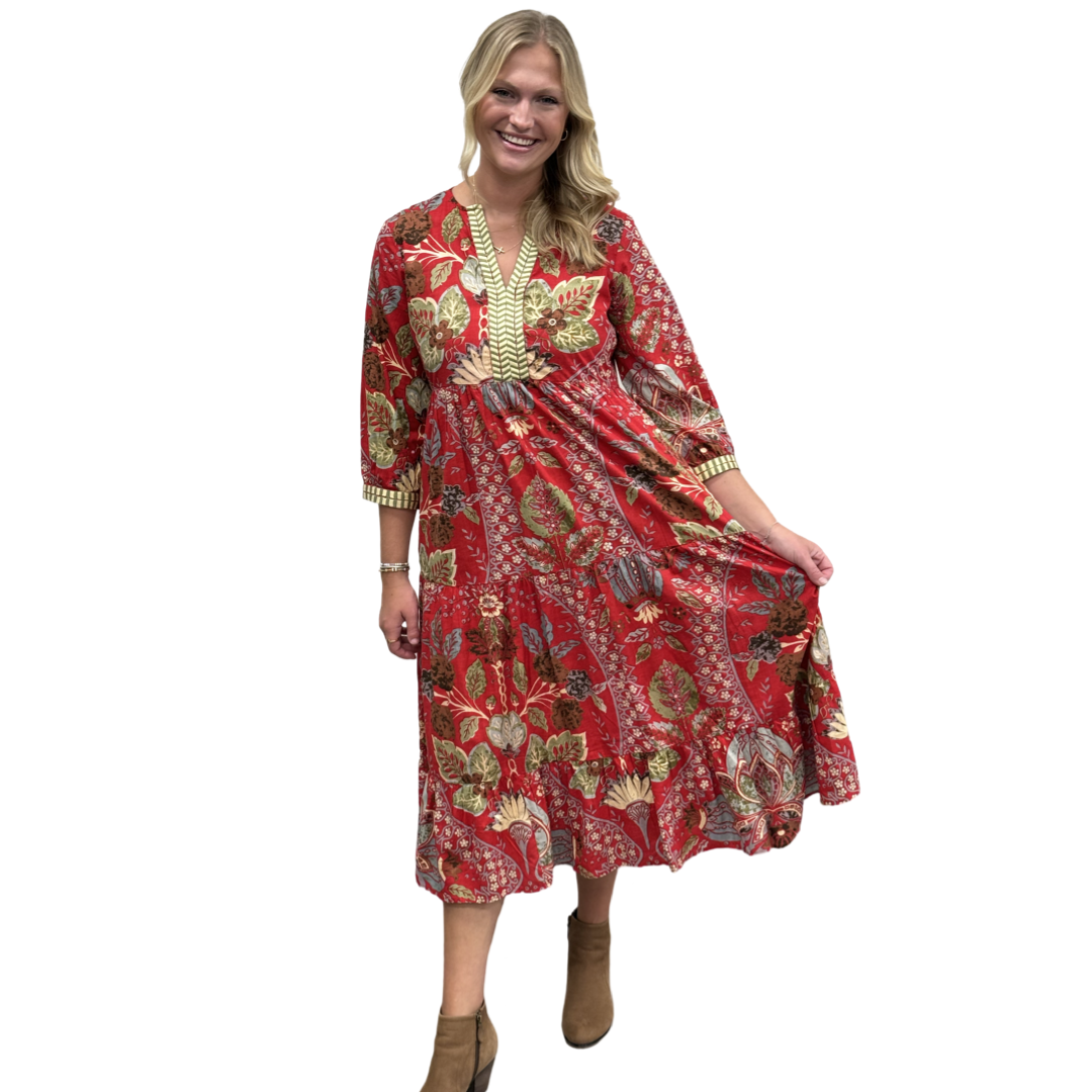 The Daniella Embroidered Midi Length Dress in Red Floral — view 7