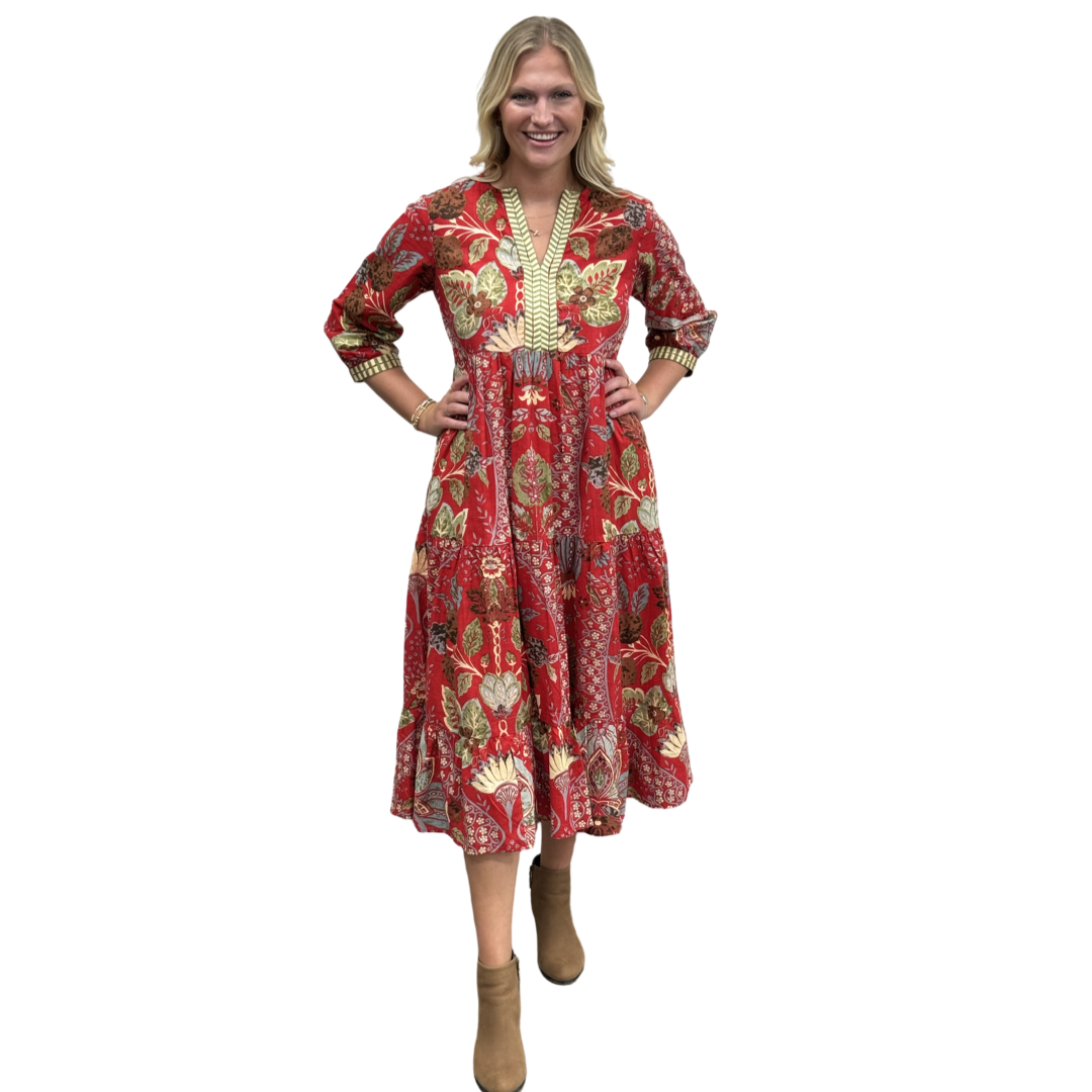 The Daniella Embroidered Midi Length Dress in Red Floral — view 5