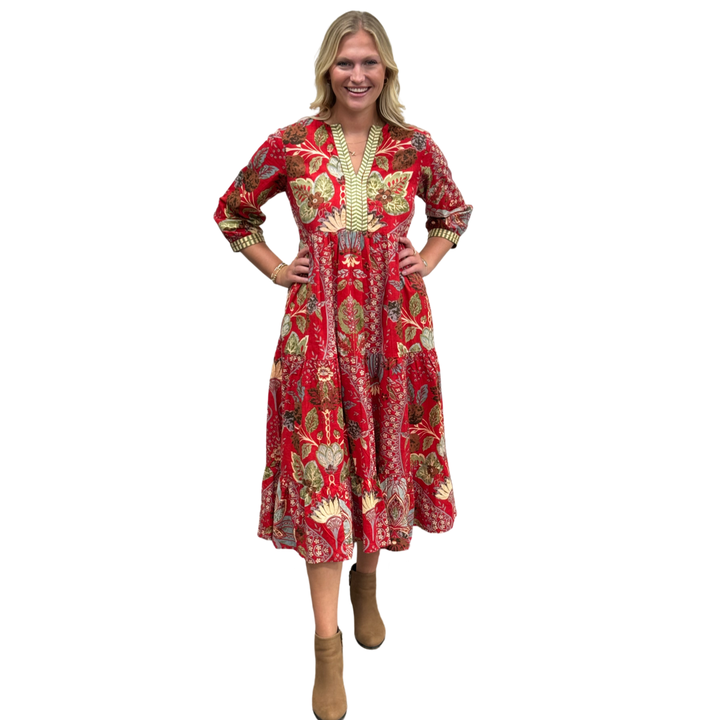 The Daniella Embroidered Midi Length Dress in Red Floral — view 5