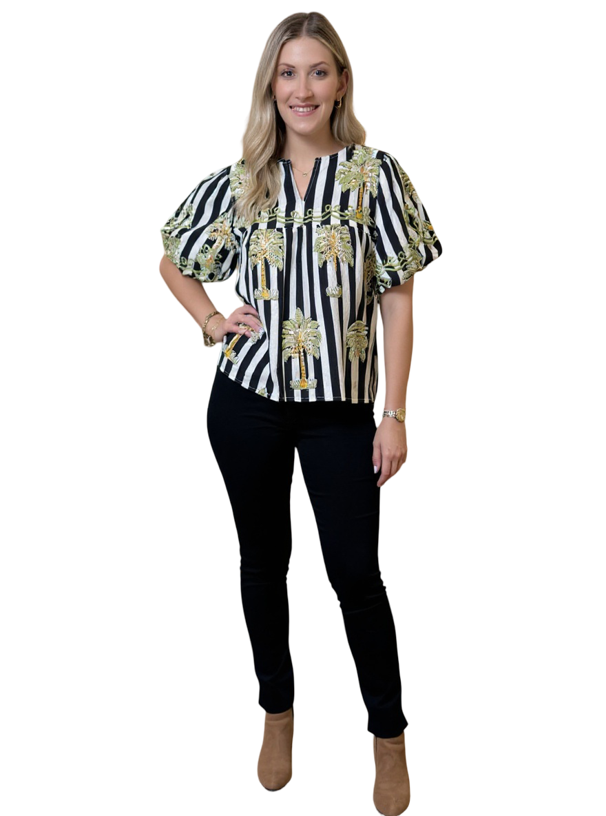 The Poppy Striped Palm Print Top in Black and White