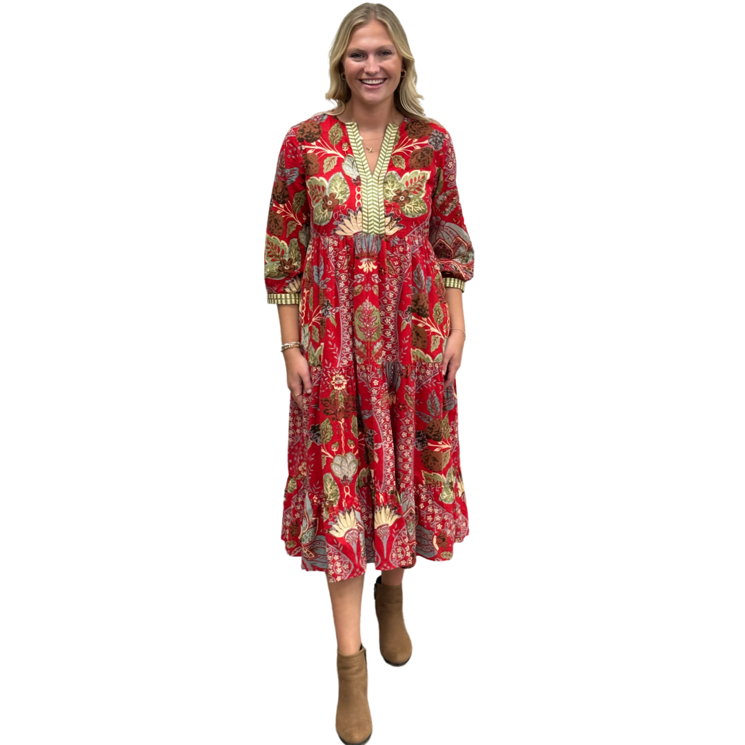 The Daniella Embroidered Midi Length Dress in Red Floral — view 3